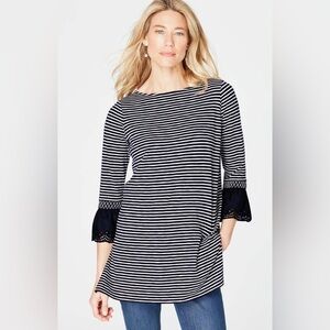 J.Jill Stylish Mixed-Media Smocked-Sleeve Tunic navy and white size large women